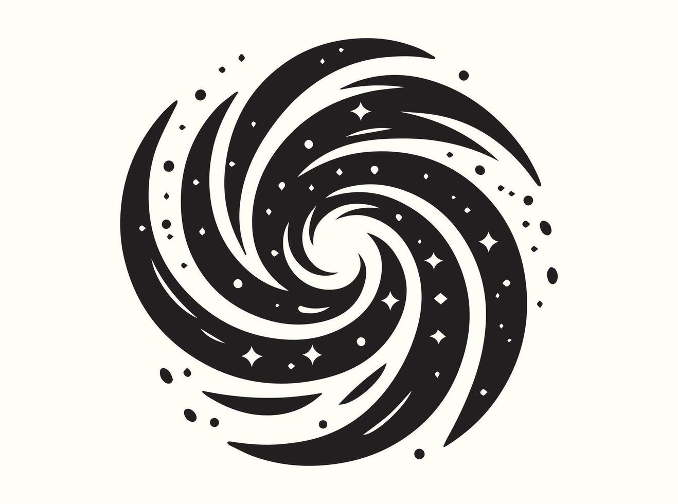 Swirling galactic spiral silhouette with cosmic minimalism vector