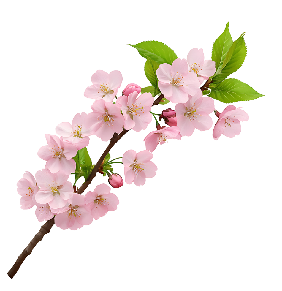 Pink cherry blossom branch with leaves png