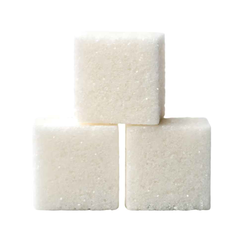 Three sugar cubes close up. png