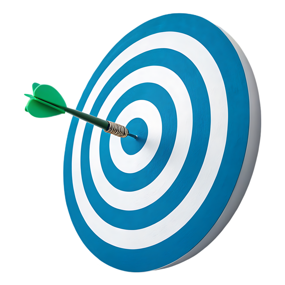Green dart hitting the bullseye of a blue and white target. png