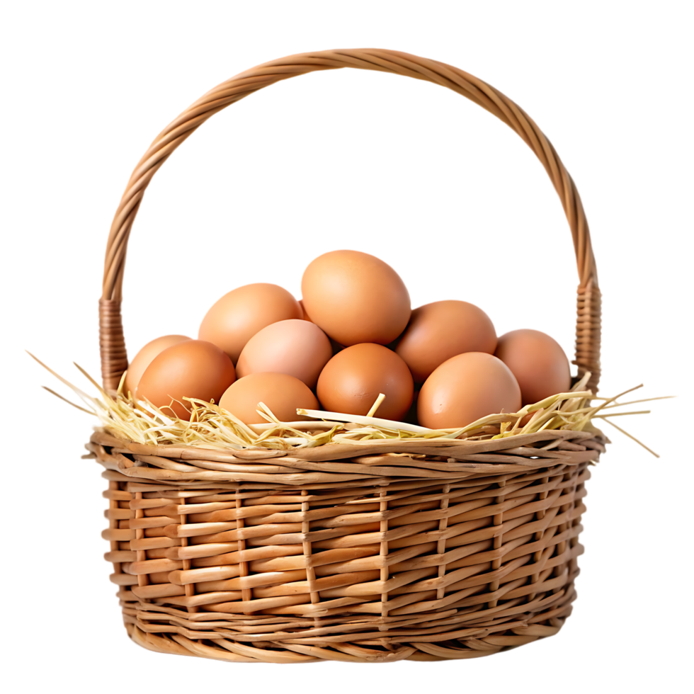 Fresh brown eggs in a wicker basket. png