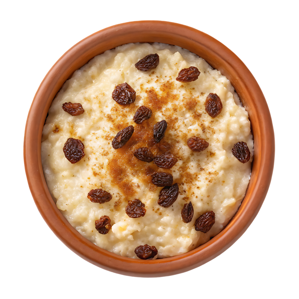 Delicious creamy rice pudding with raisins and cinnamon. png