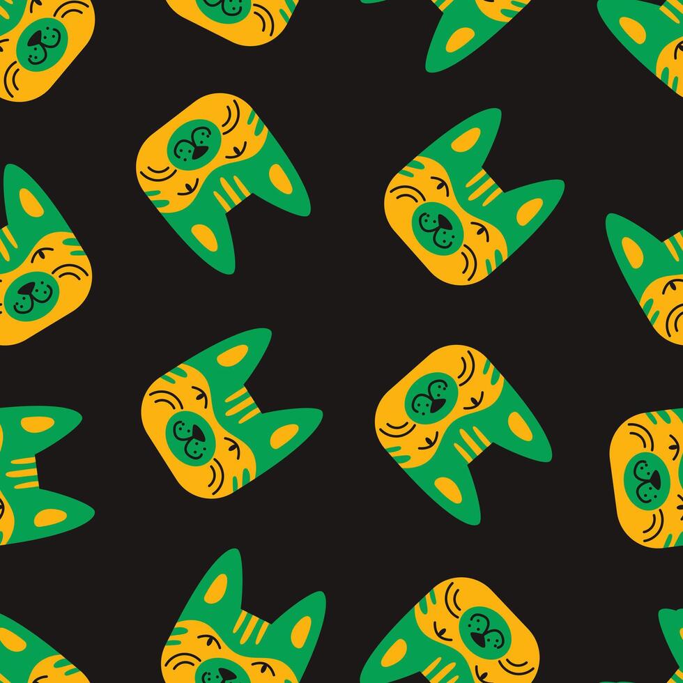Trendy seamless pattern graphic featuring funny fluffy kitten faces. Bright, happy kitten pattern perfect for clothing prints, wrapping paper, home decor and childrens products. vector