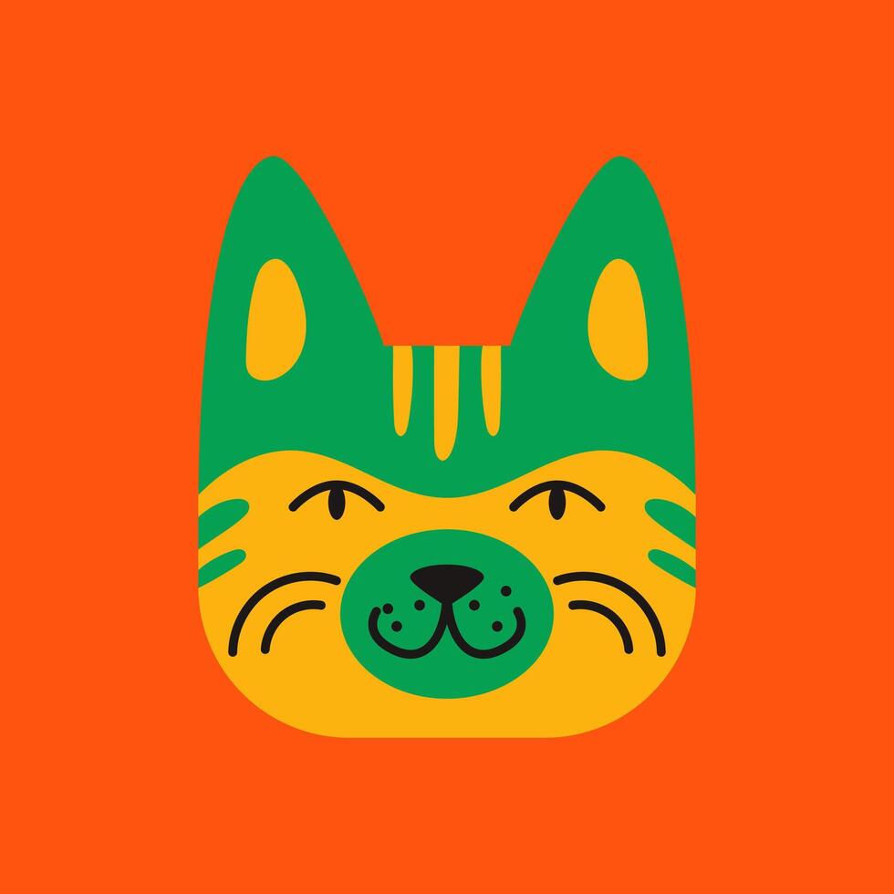 Minimalist and colorful kitten face in flat design. Cute domestic kitten avatar. Perfect as a sticker, clipart, or avatar element. vector