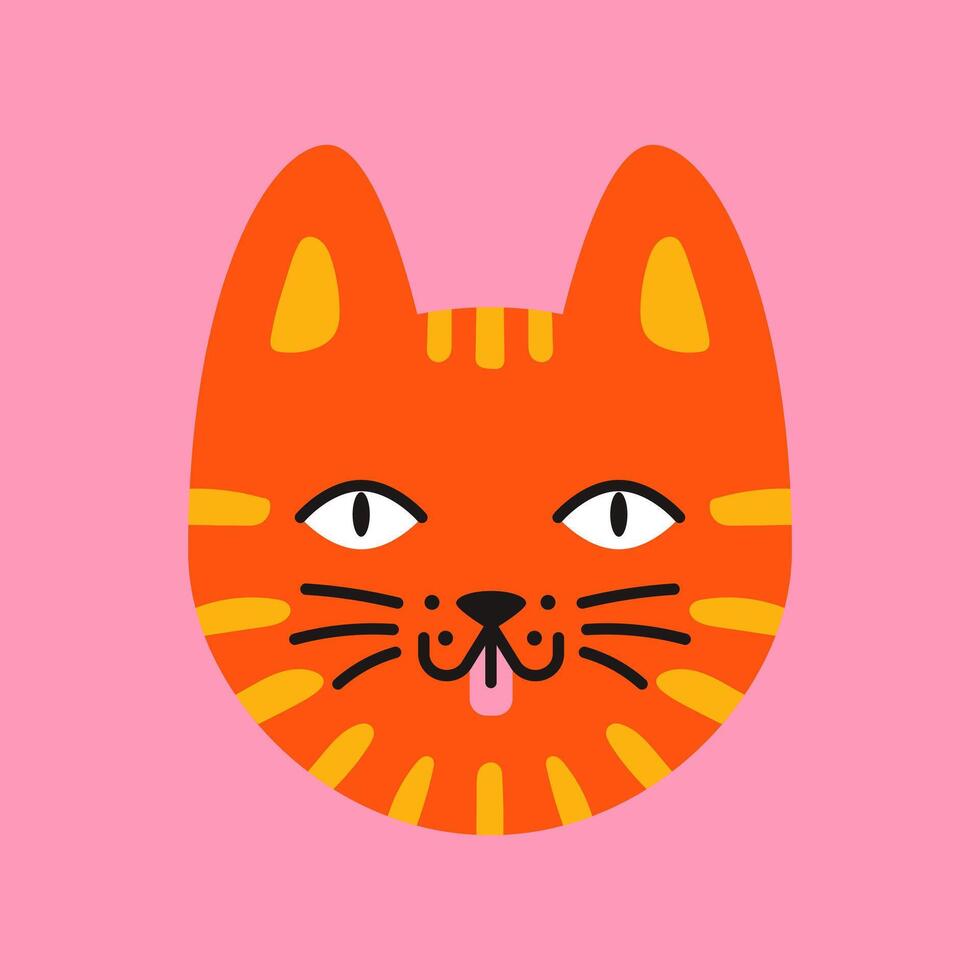 Whimsical doodle of a fluffy cat head on a pinck background. Playful and trendy animal illustration. vector