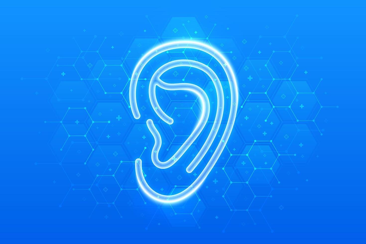 Ear icon. Otolaryngology. Ear Care. Diagnosis and treatment of hearing problems and deafness, audiology, hearing loss. Molecular structure. Blue medical background with hexagons. illustration. vector