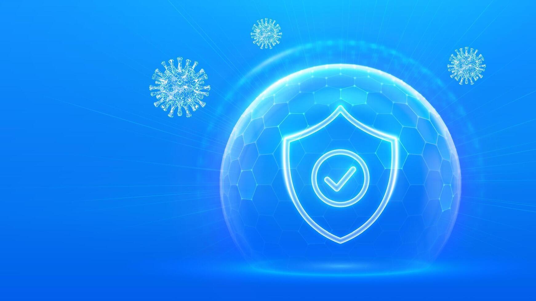 Virus protection. Healthcare. Vaccination. Virus cell. Antibiotic.Protection shield with Check mark icon inside transparent sphere shield with hexagon pattern on blue background. vector