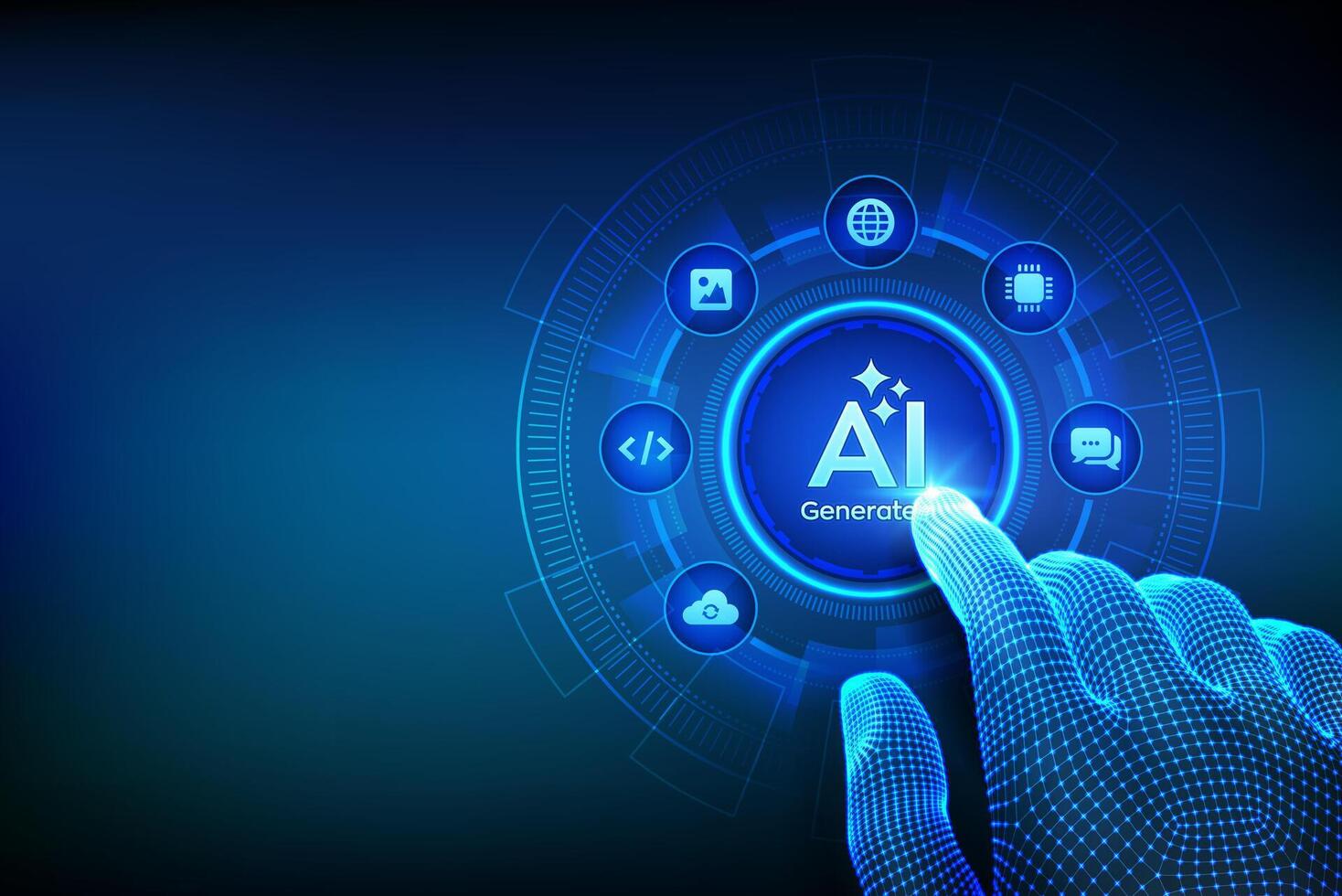 Generate with AI button. Artificial intelligence and Machine learning technology concept. AI enters by command prompt to generate ideas.Closeup finger about to press a Generate AI button. vector