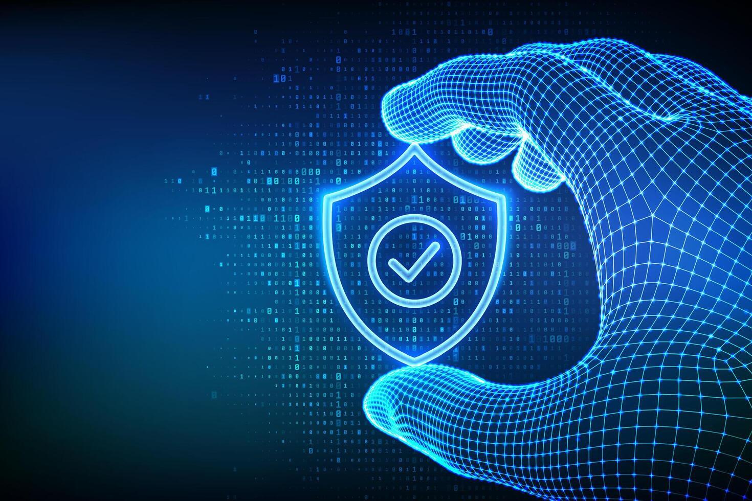 Security shield. Cyber security. Protection shield with check mark icon in a wireframe hand on binary code background. Digits 1.0. Cyber data protection. Information privacy idea. illustration. vector