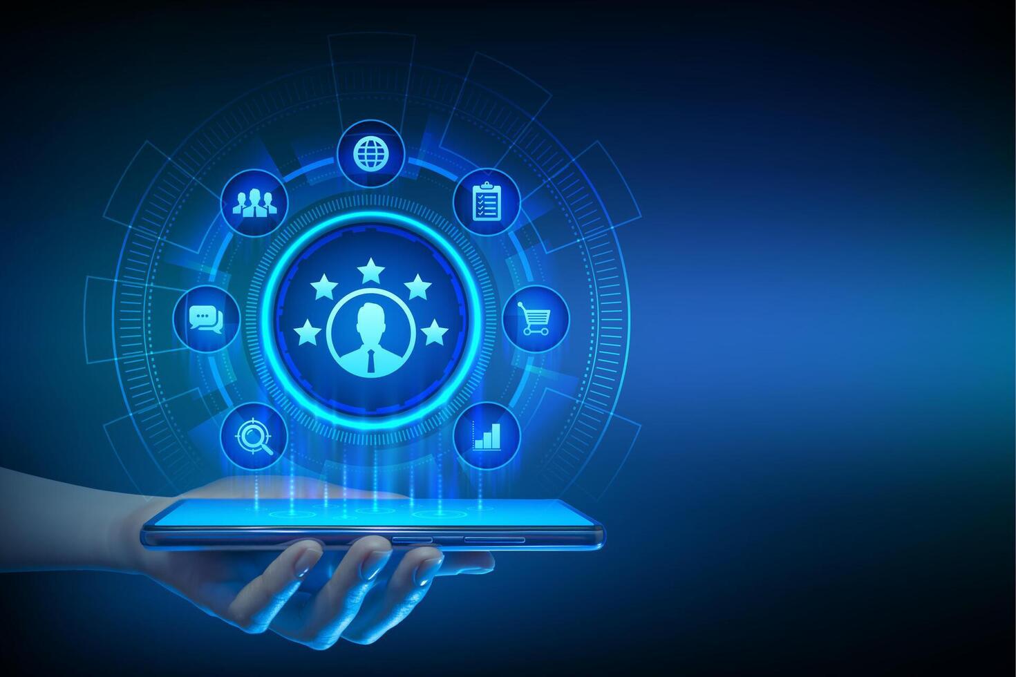 Customer satisfaction.Customer survey and feedback analytics.Using AI and automation technology in marketing for customer service.Smartphone in hands. Using smartphone vector