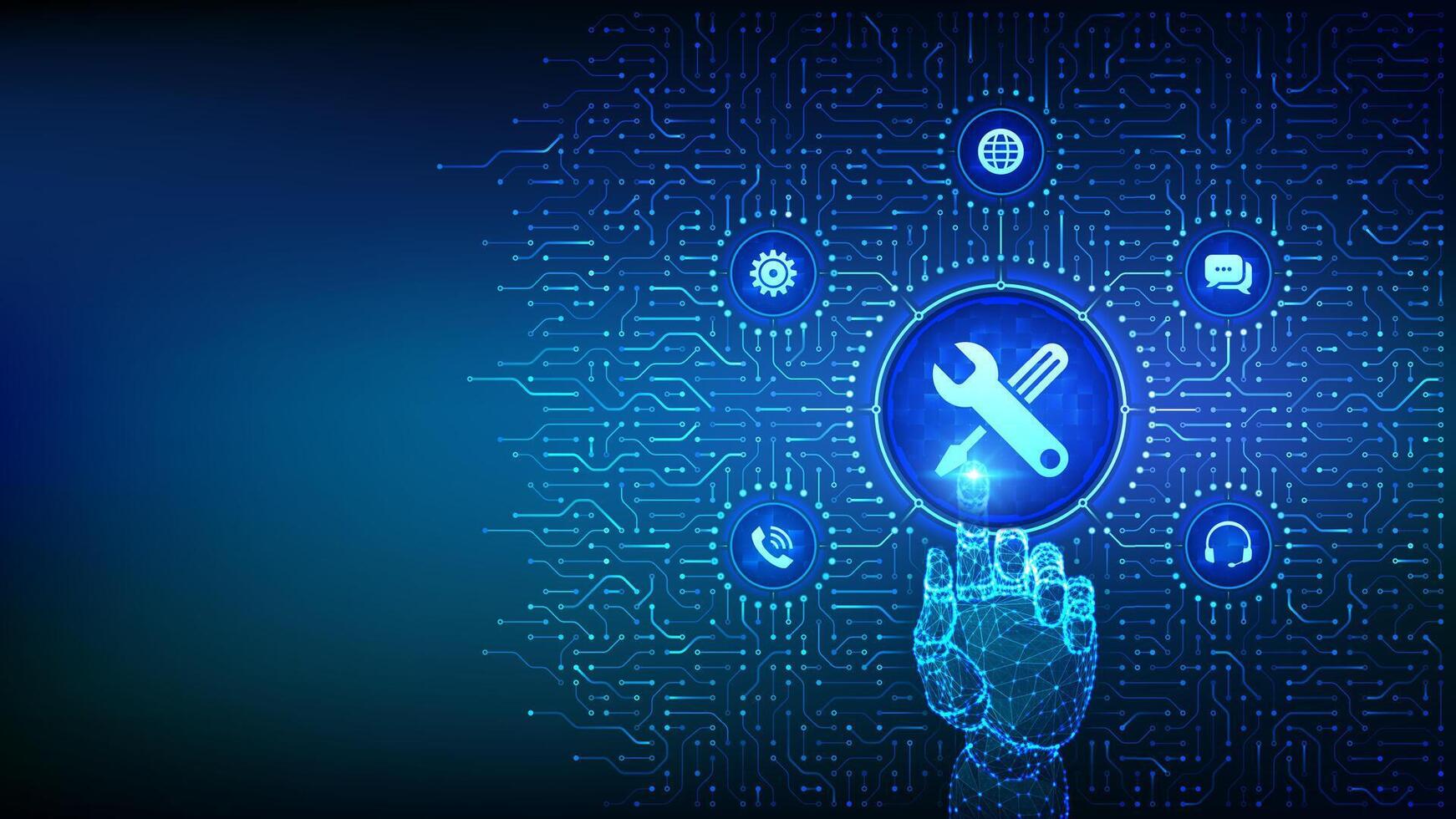 Technical support. Customer help. Online tech support. Customer service technology concept. Background with circuit board connections, tech icons. Wireframe hand pressing button. Illustration. vector