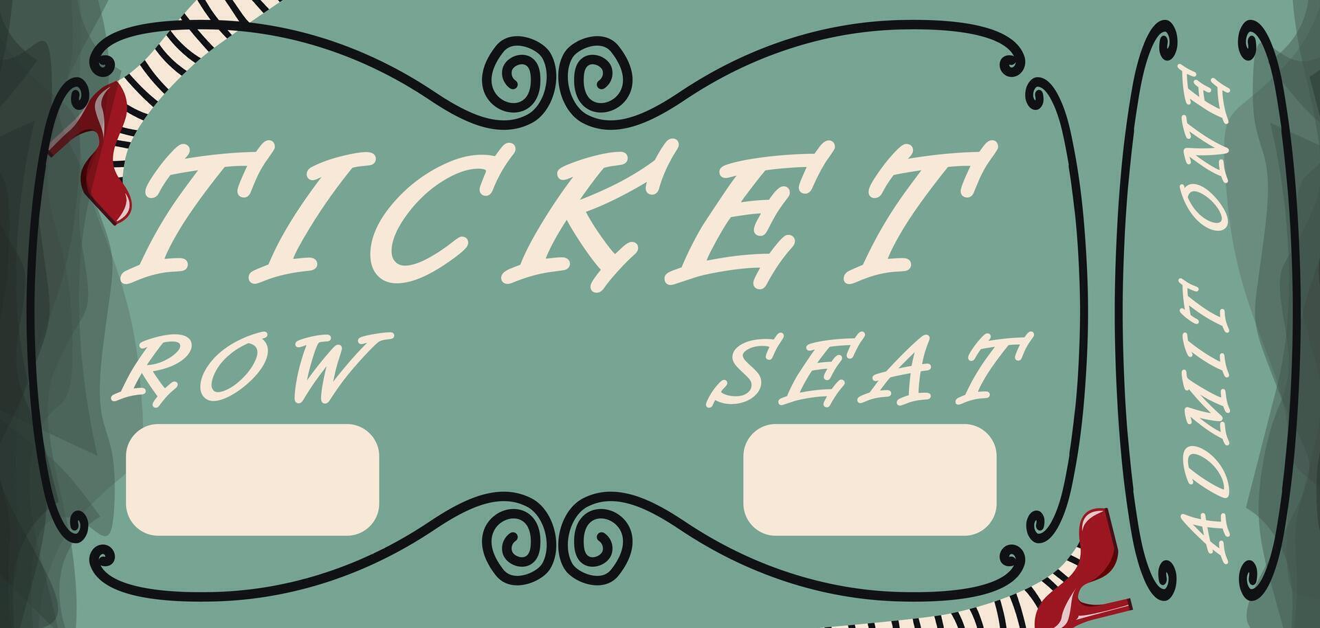 Ticket for admission to the show. Theater invitation with bridge for row and seat. Horizontal pass vector