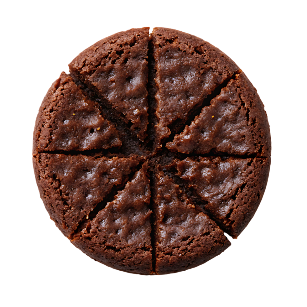 Delicious chocolate brownie cut into eight slices. png