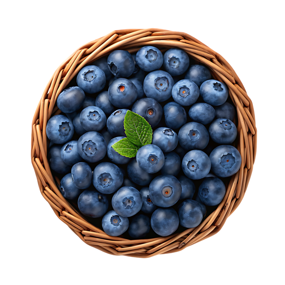 Fresh blueberries in a wicker basket, overhead view. png