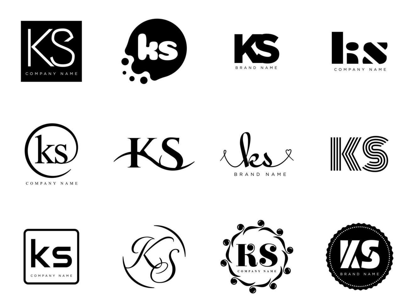 KS logo company template. Letter k and s logotype. Set different classic serif lettering and modern bold text with design elements. Initial font typography. vector