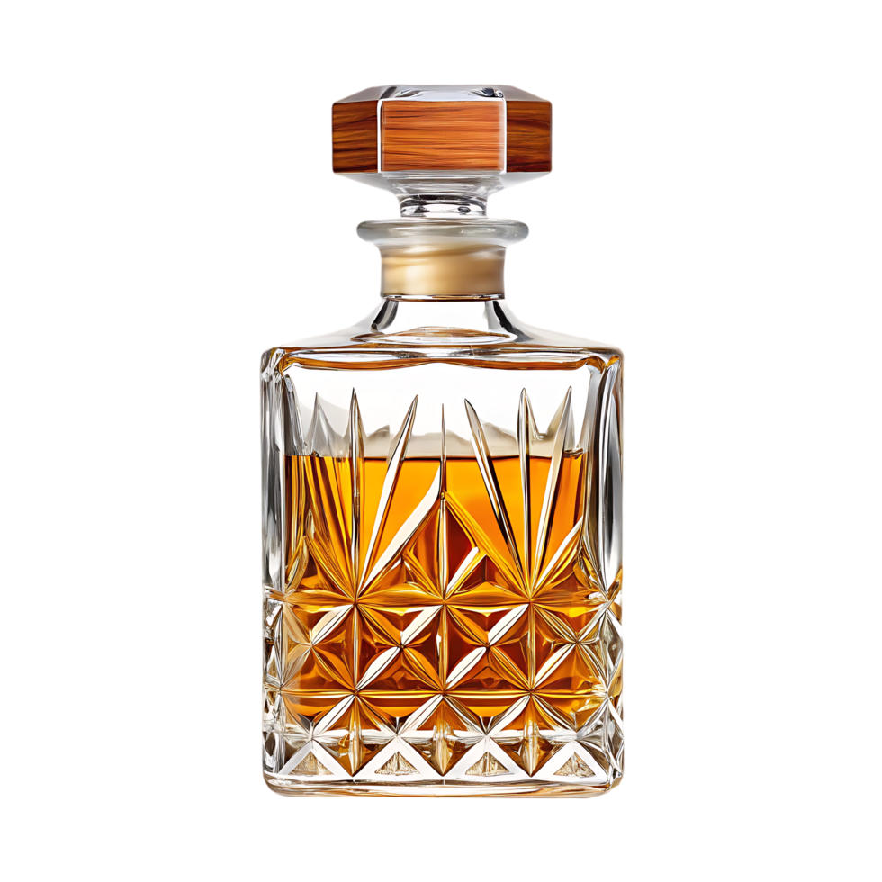 Elegant crystal decanter filled with amber liquid. png