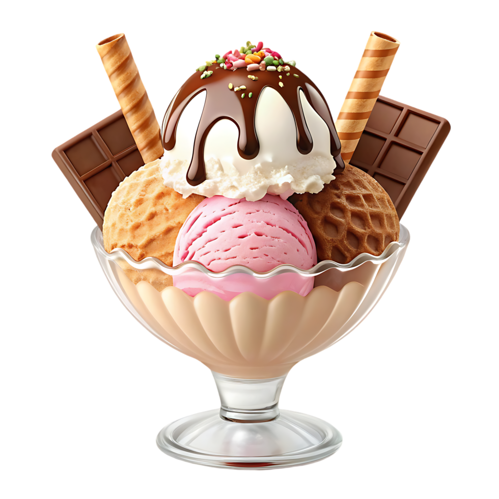 Delicious ice cream sundae with chocolate and wafers png