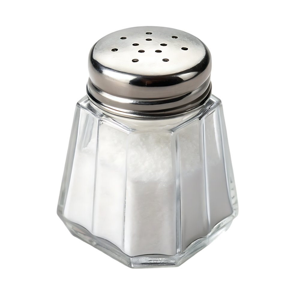 Glass salt shaker with metal lid. png