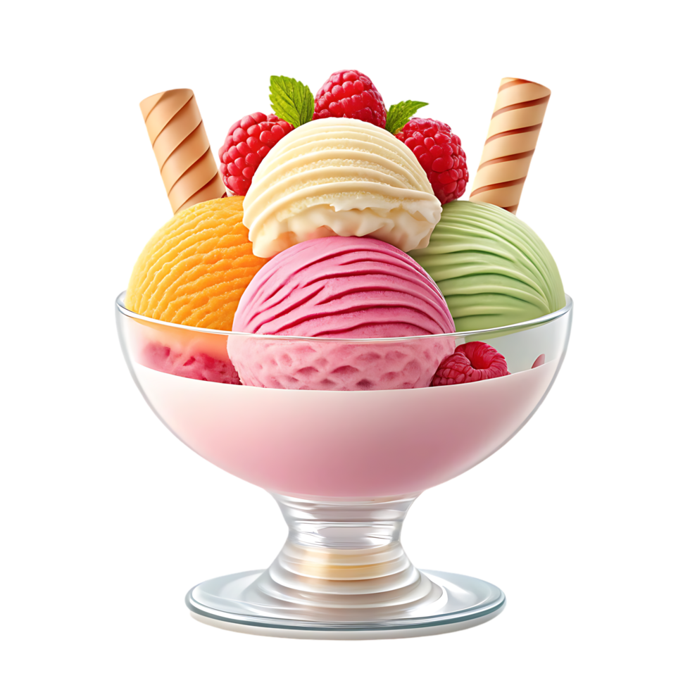 Delicious ice cream sundae with raspberries and wafers. png