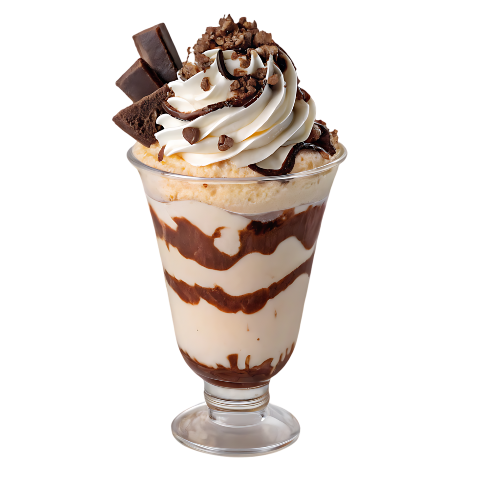 Delicious chocolate dessert sundae with whipped cream and brownie. png