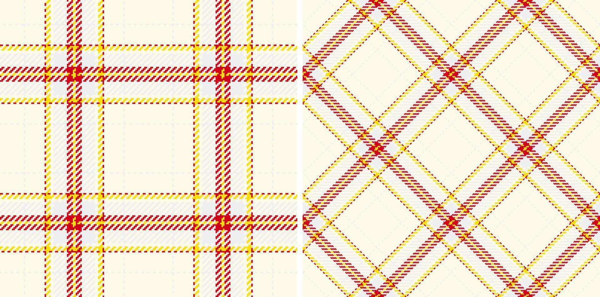 Elegant red, yellow, and white plaid patterns. Versatile design perfect for textile prints, website backgrounds, or crafting projects. Offers two distinct plaid styles in a seamless repeat. vector