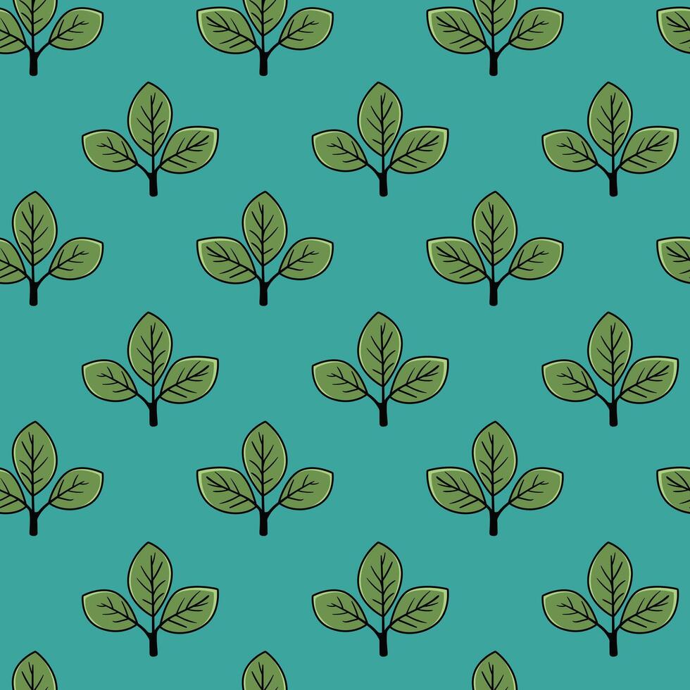 Seamless teal pattern featuring stylized green leaves. Ideal for textile design, wallpaper, or branding. A simple yet elegant motif conveying growth, nature, and freshness. vector