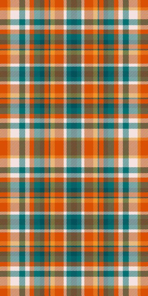 Reel background textile, 70s texture check seamless. Wide fabric plaid pattern tartan in cyan and orange colors. vector
