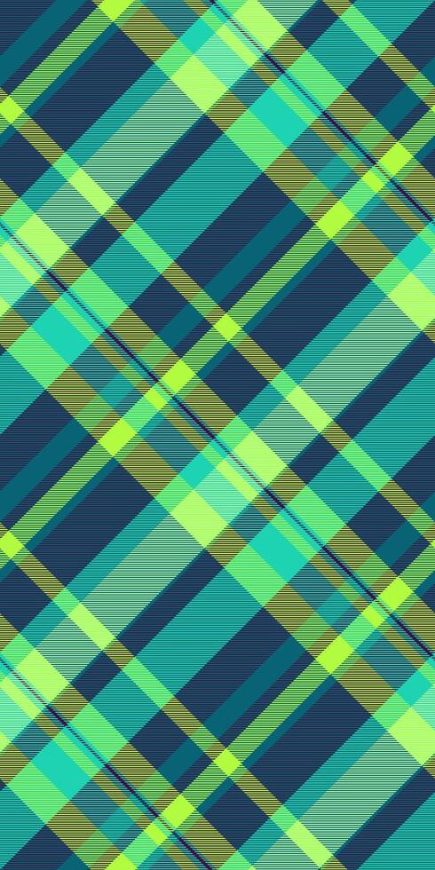 Vibrant diagonal plaid pattern in teal, lime, and olive green. Perfect for textile design, website backgrounds, or fashion projects. vector
