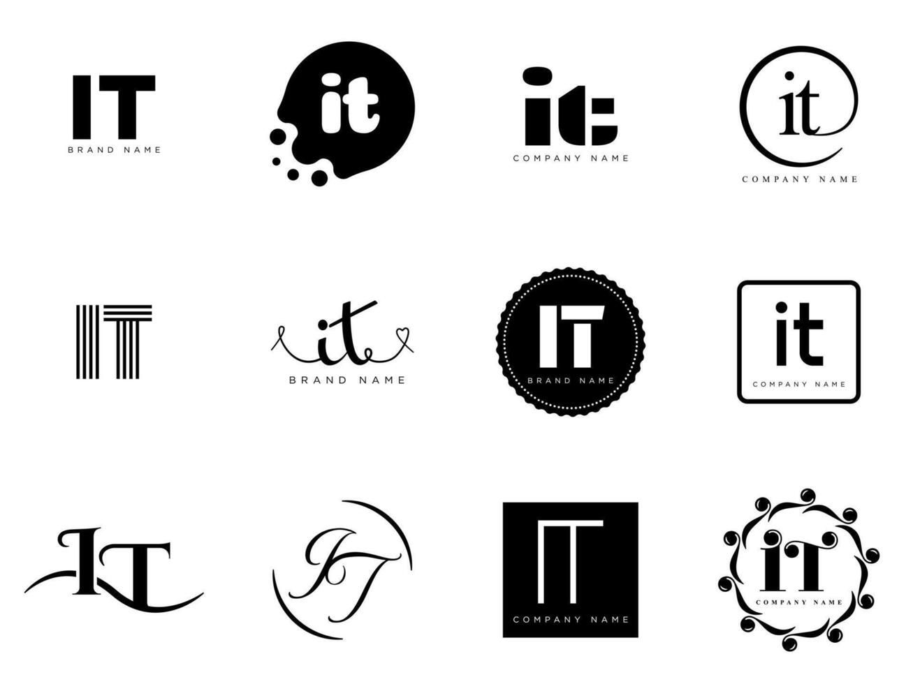 IT logo company template. Letter i and t logotype. Set different classic serif lettering and modern bold text with design elements. Initial font typography. vector