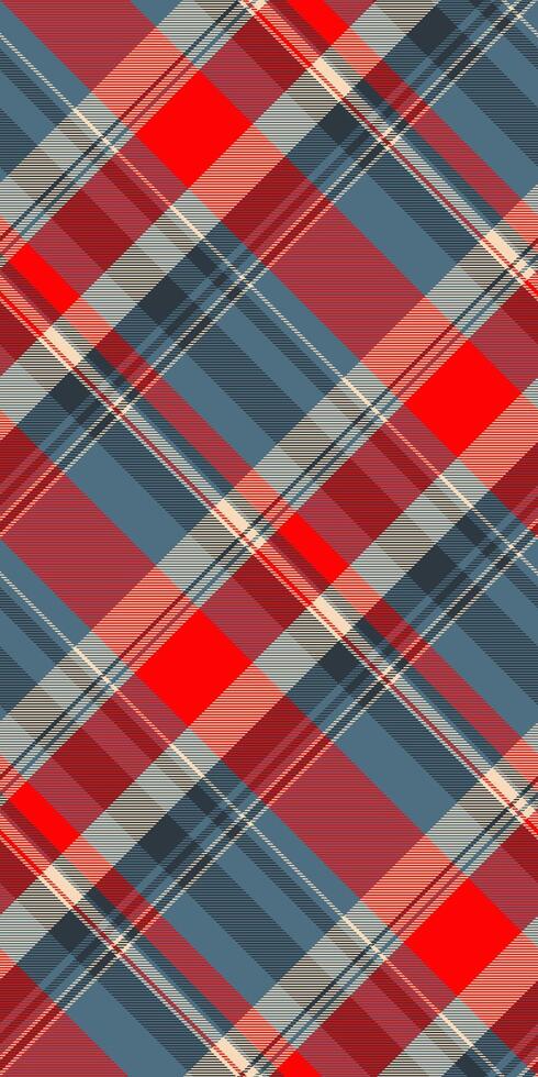 Vibrant diagonal plaid pattern in red, blue, and beige tones. Perfect for textile design, apparel, or website backgrounds. vector