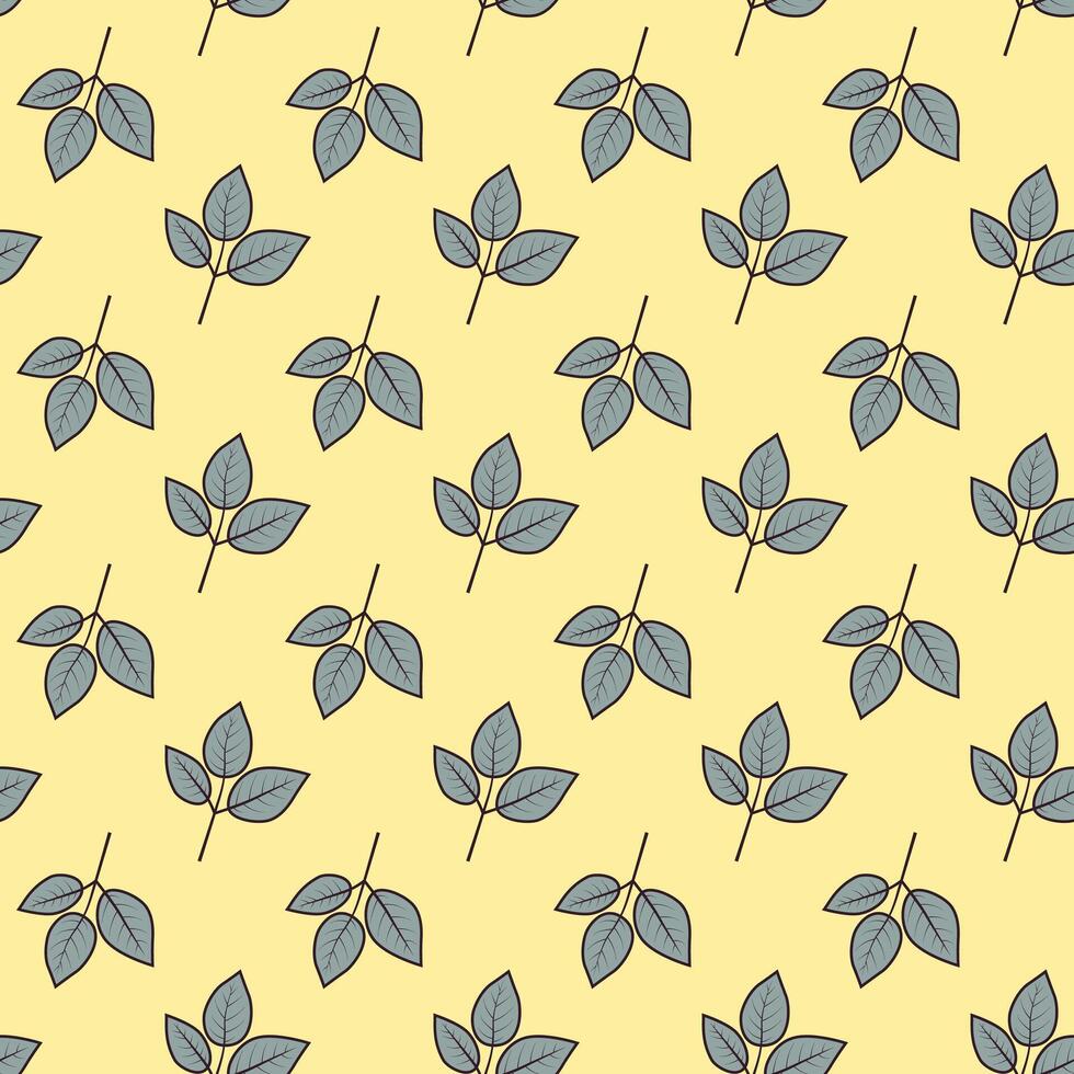 Elegant pastel yellow background adorned with a repeating pattern of stylized greyblue leaves. Perfect for textile prints, stationery, or website backgrounds. vector