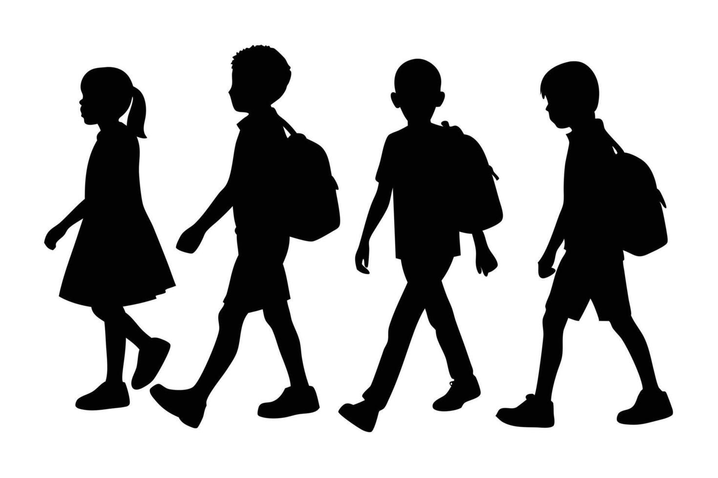 Group Silhouette Kids Walking with Backpacks on a White Background Isolated vector