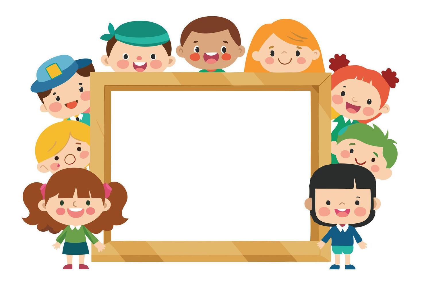 Cartoon Kids with Wooden Border on White Background, Diverse Children Art vector