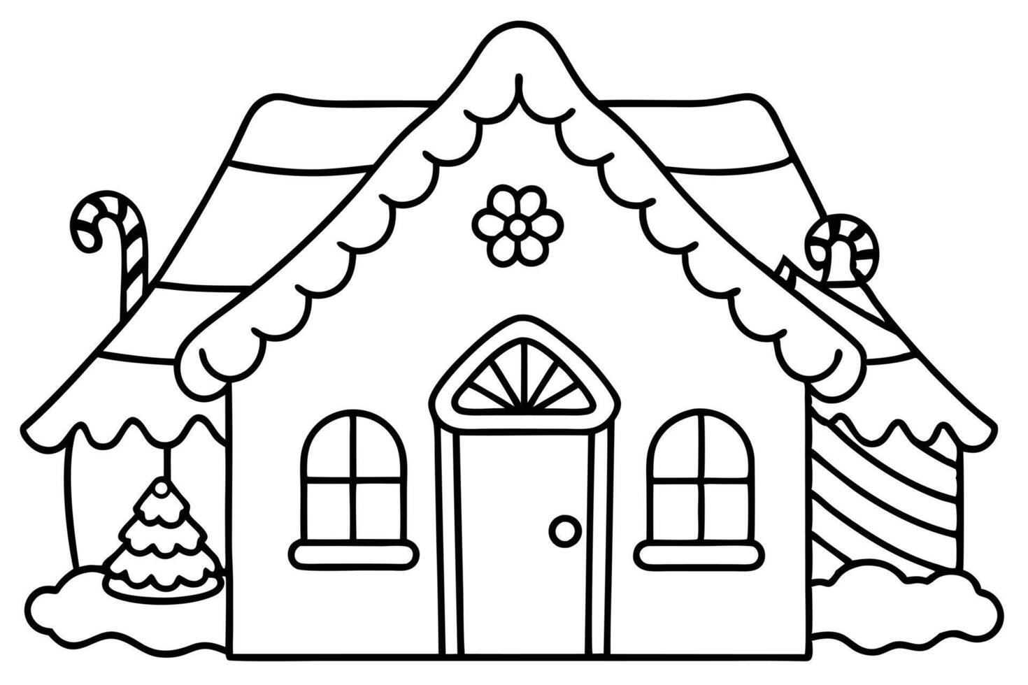 Cartoon House Outline With Candy Cane,Flower,Tree Ornament, Transparent Background vector