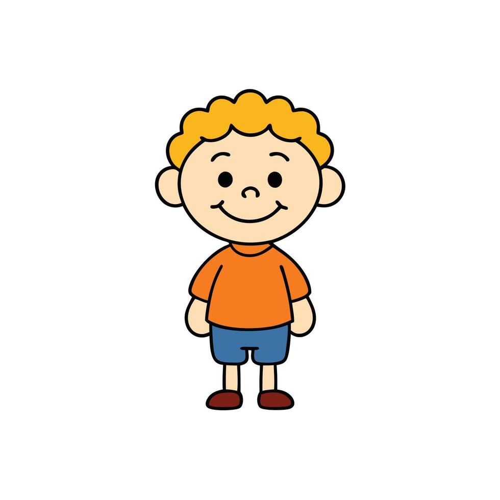 Smiling Cartoon Boy Character with Orange Shirt and Blue Shorts on Transparent BG vector