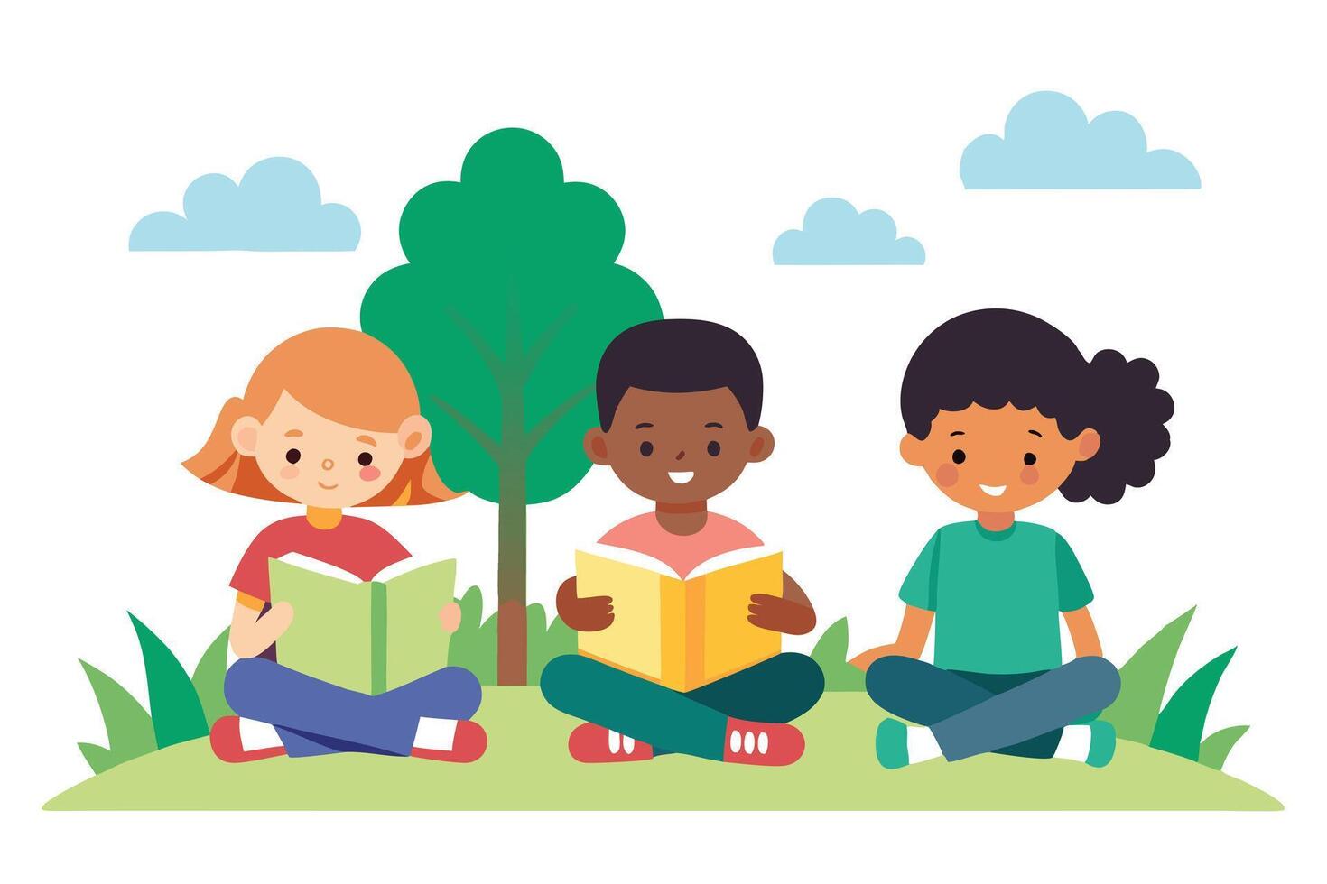 Cartoon Multiethnic Children Reading Books Together Outside on Grass. White Background vector