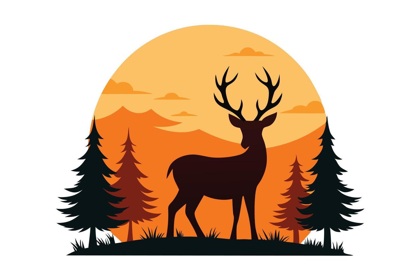 Silhouette of Majestic Deer with Antlers, Forest Trees and Mountains Against Sunset vector