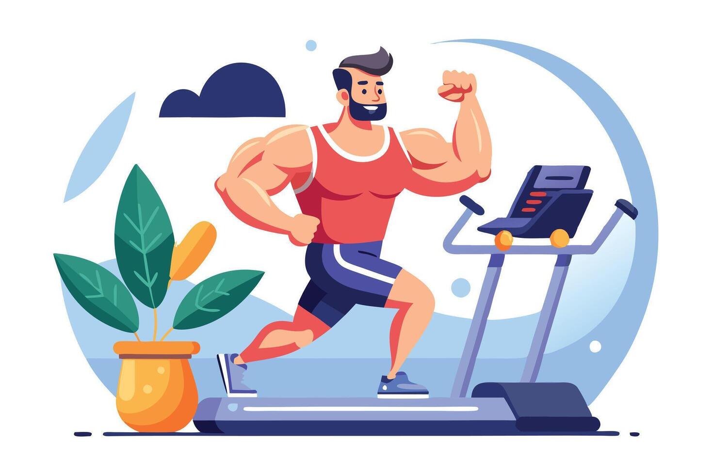 Cartoon Bodybuilder Running on Treadmill. Muscular Man in Tank Top Gym Exercise vector