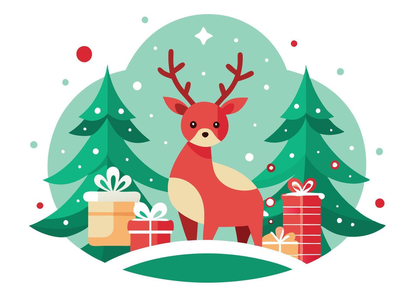 Flat Reindeer, Presents, Christmas Trees with White Background vector