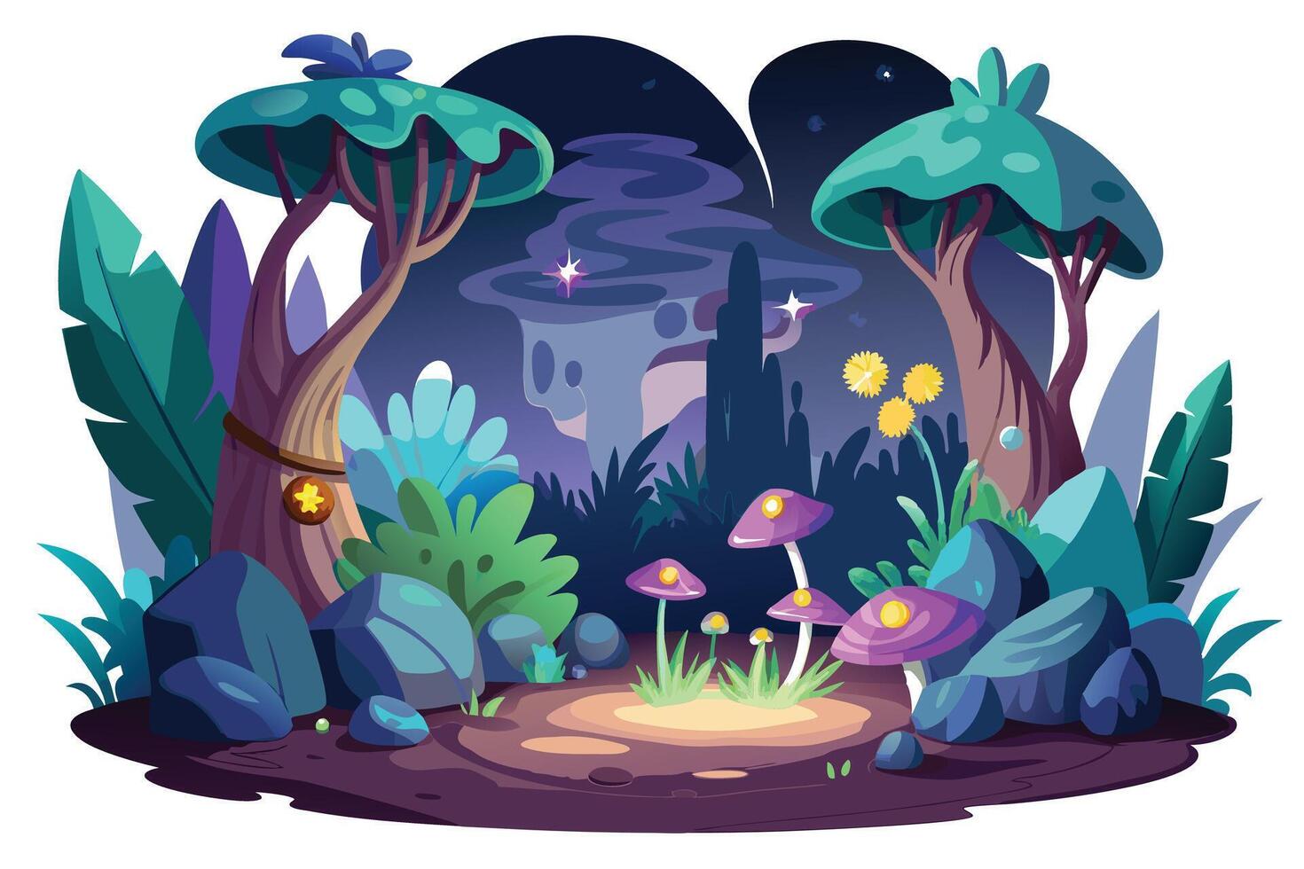 Fantasy Forest with Cartoon Trees and Purple Mushrooms vector