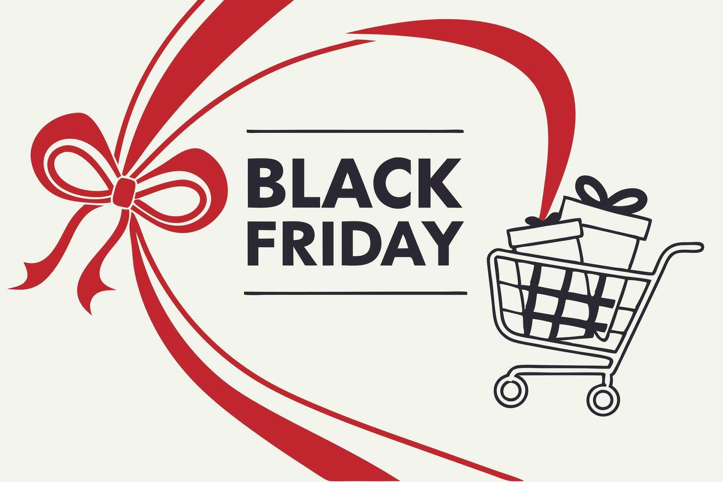 Black Friday Text with Shopping Cart, Gifts, Red Ribbon on Beige Background vector
