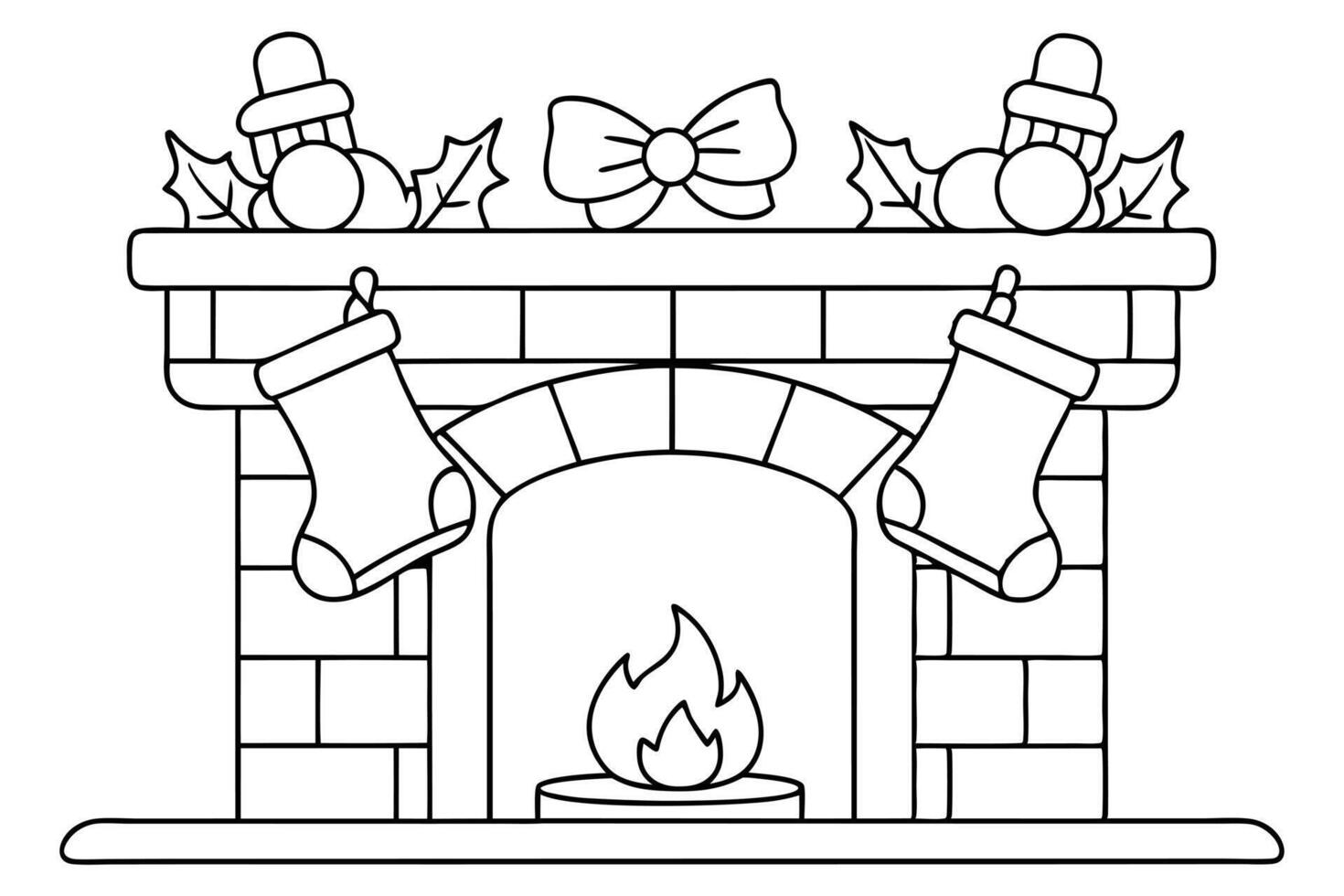 Outline Fireplace with Christmas Stockings, Ornaments, Bow, and Holly leaves vector