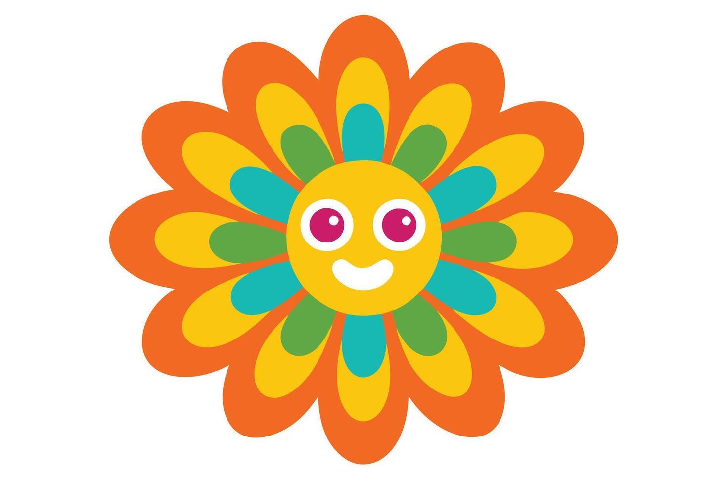 Cartoon Flower with Smiling Face, Multicolored Petals Isolated on White Background vector