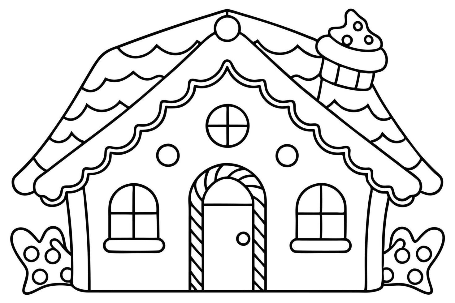 Outlined Gingerbread House with Chimney, Round Windows, Door, and Bushes in Black and White vector