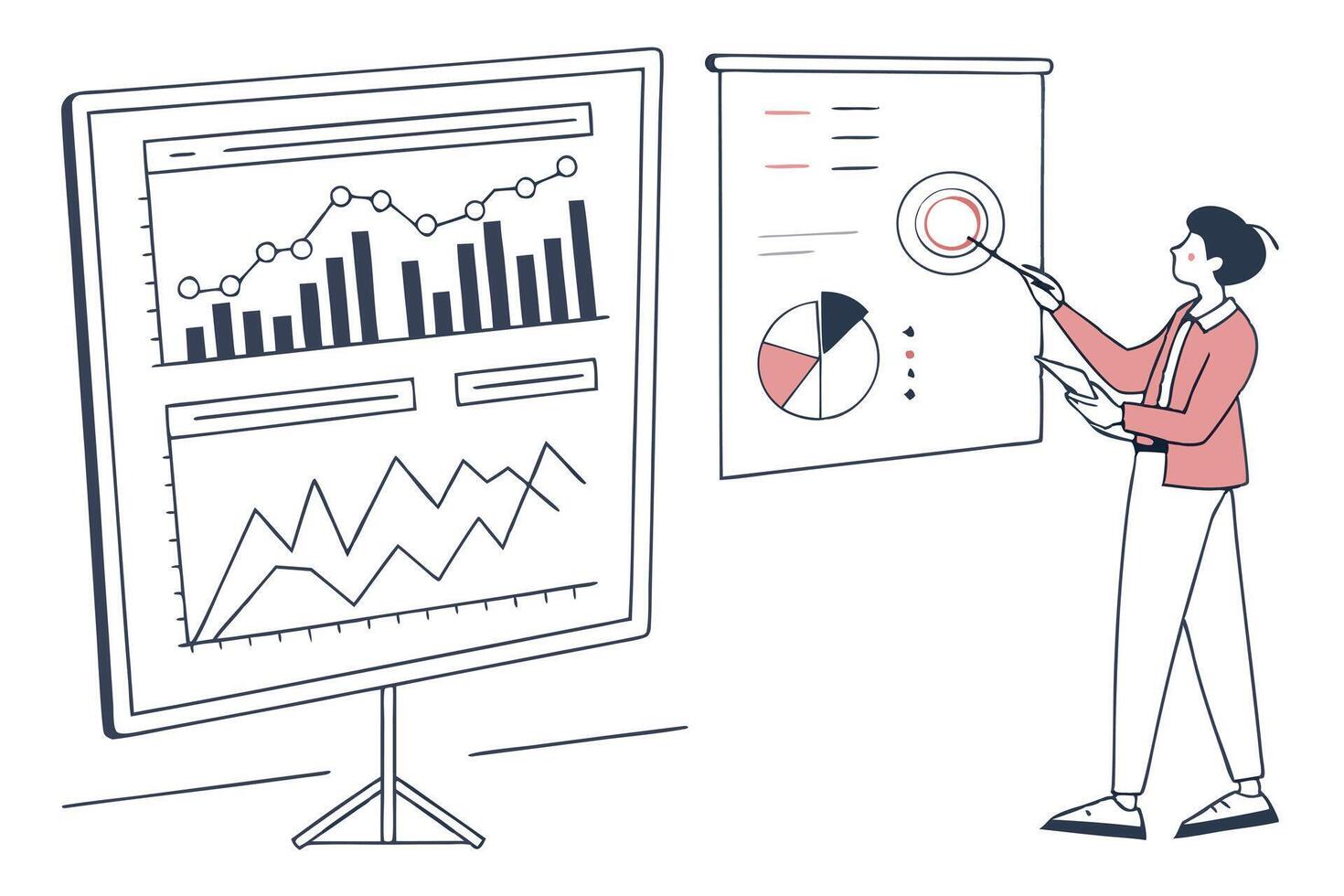Businesswoman Explaining Data Charts With Presentation Board On White Background vector