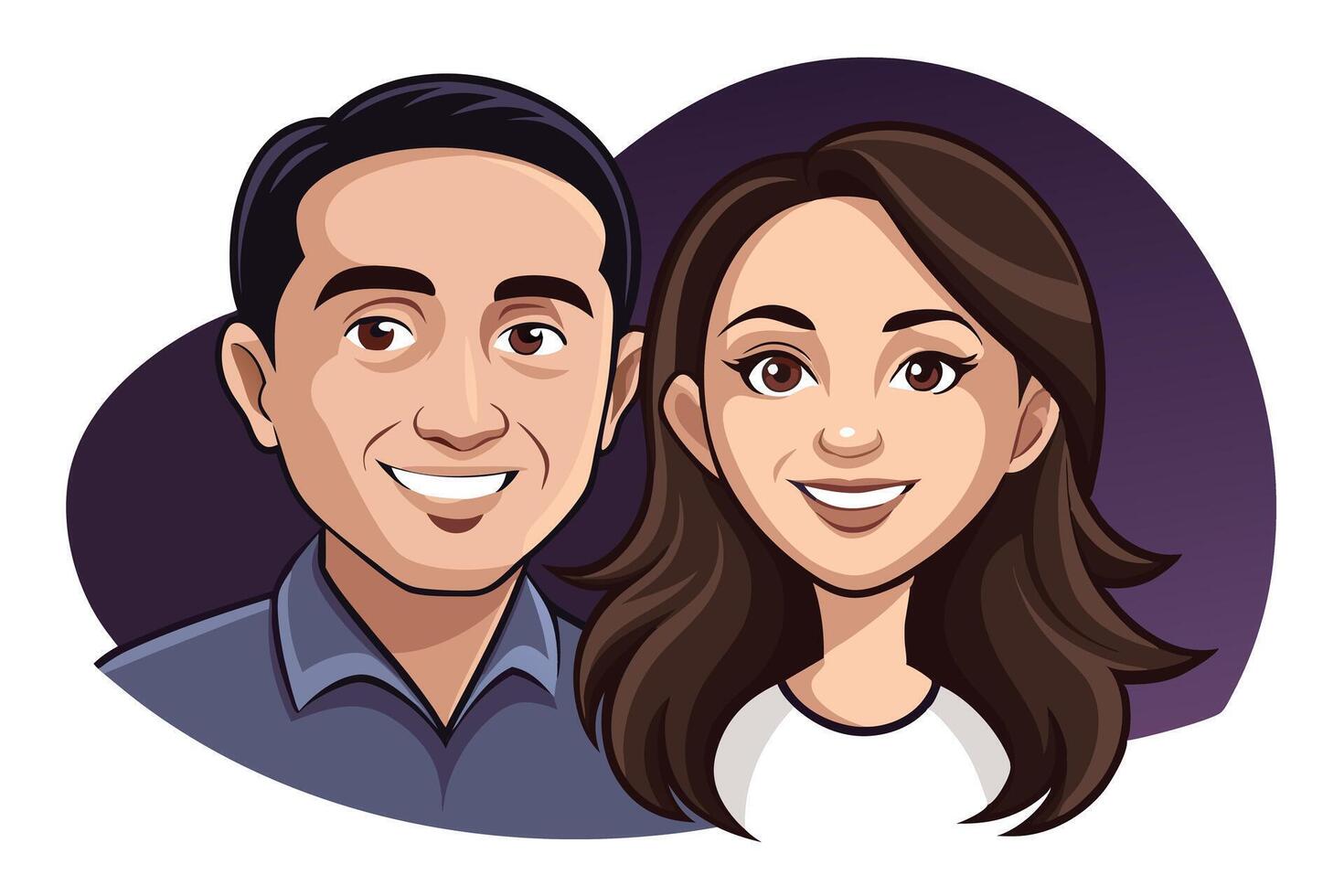 Cheerful Cartoon Portrait of Smiling Couple with Dark Hair and Brown Eyes vector