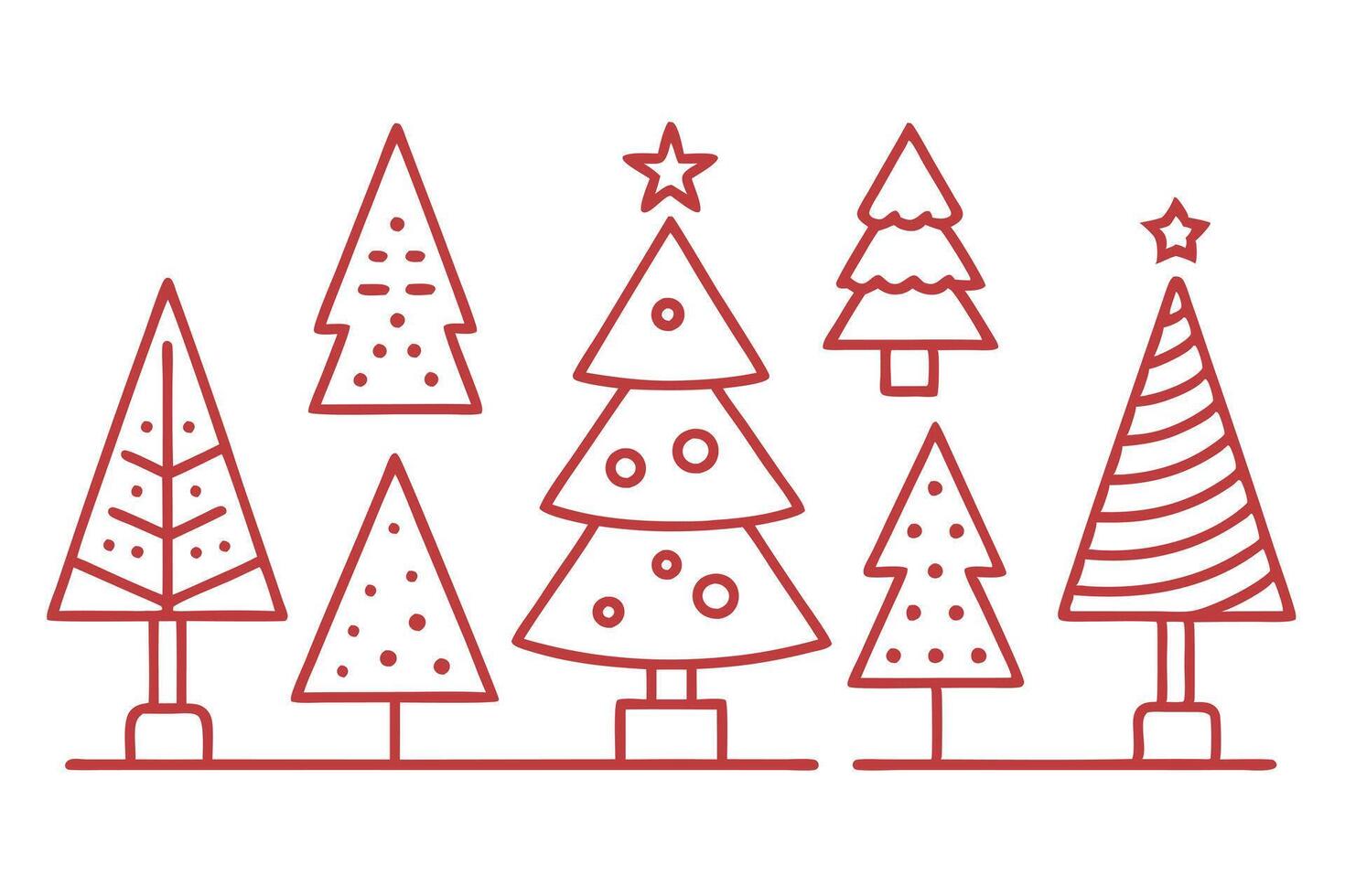Set of Seven Minimalist Outlined Christmas Trees in Red on White Background vector