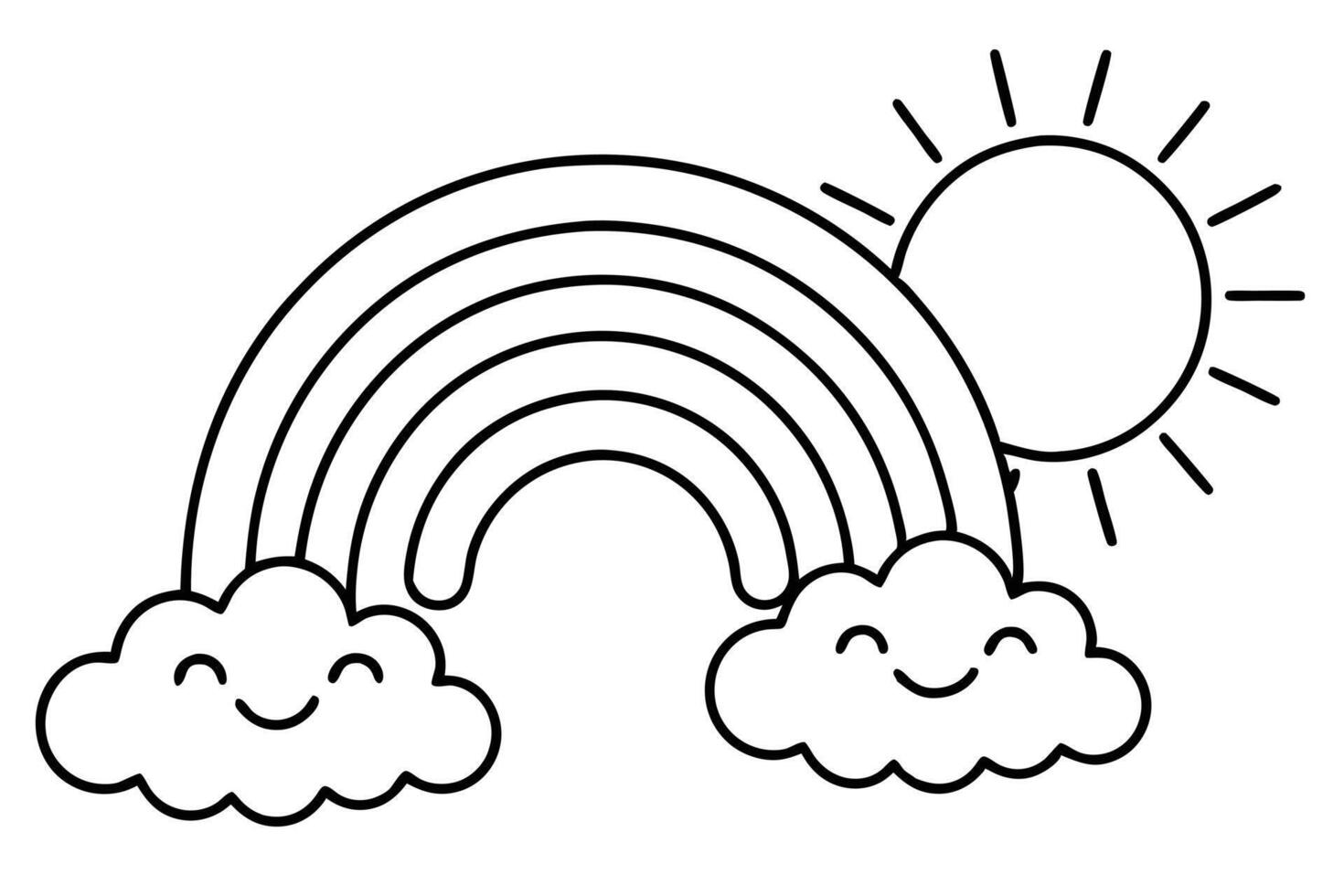 Rainbow with Smiling Clouds and Sun Line Art on White Background Outline Drawing vector
