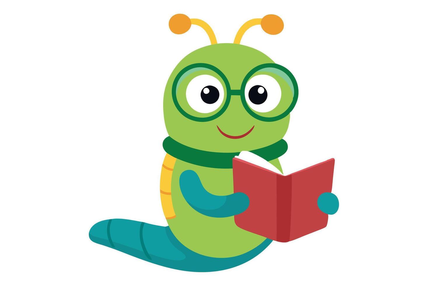Cartoon Green Caterpillar Character with Glasses Reading Book on Transparent Background vector