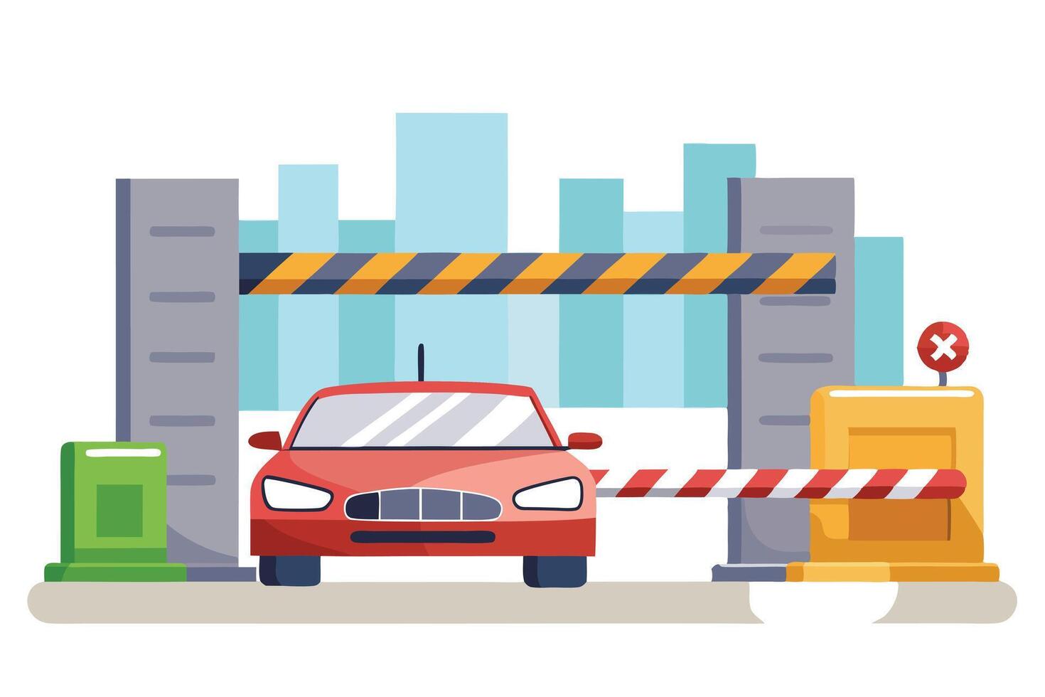 Red Car Approaching an Open Barrier with City Building at Background vector